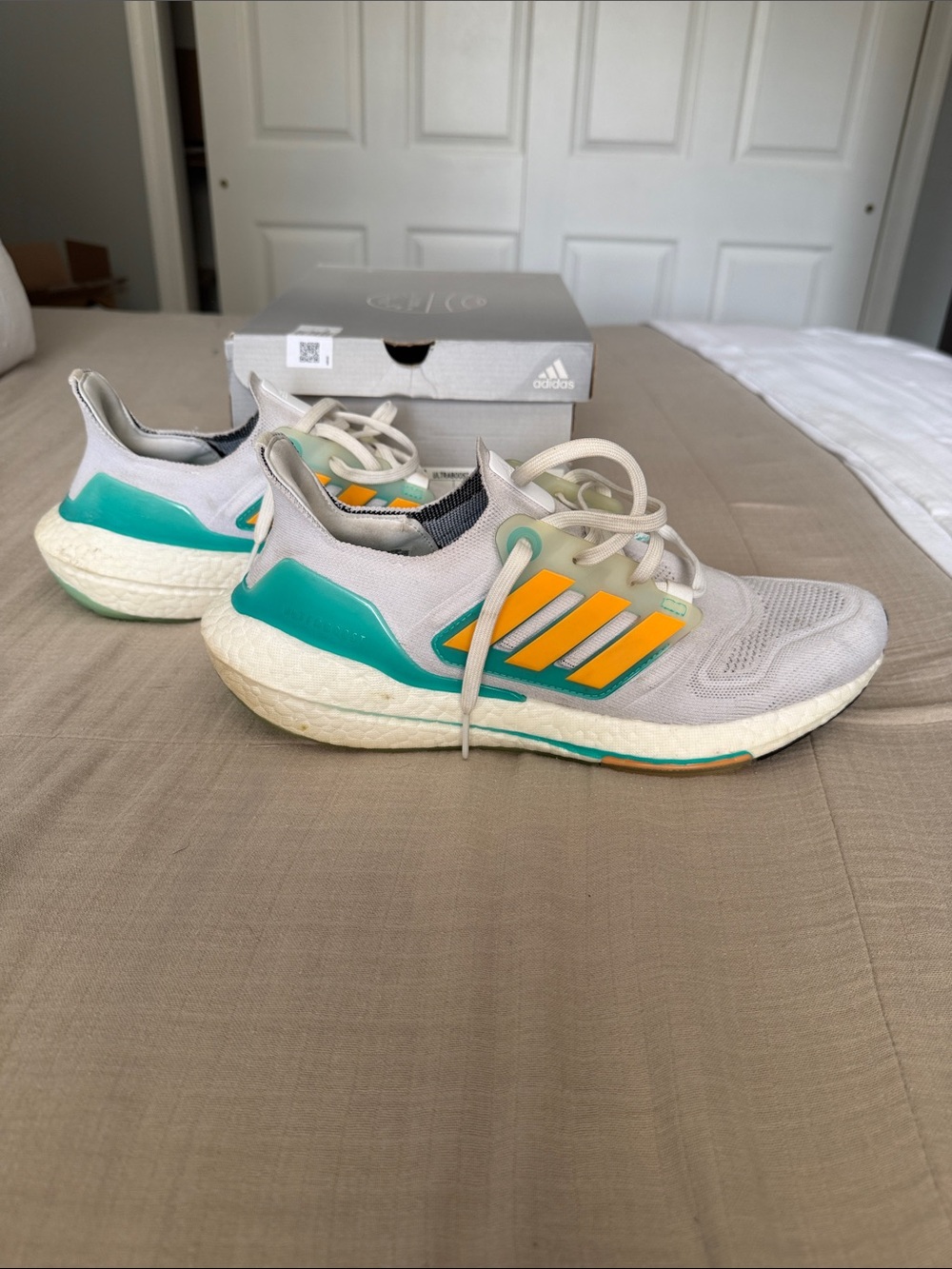 Miami Dolphins Adidas UltraBoost 22 Gray Sneakers with Teal and Orange Stripes